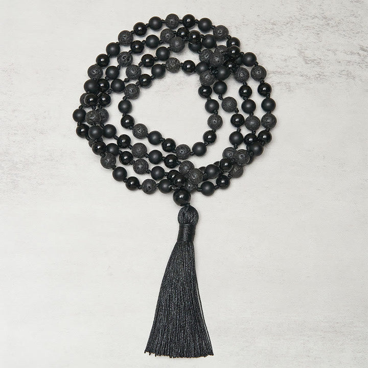 BWOOOH 8mm Beads Black Onyx Lava Rock Tassel Protection Fortune Mala