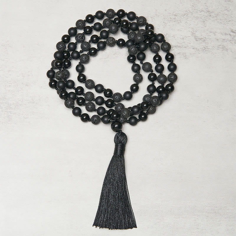 BWOOOH 8mm Beads Black Onyx Lava Rock Tassel Protection Fortune Mala