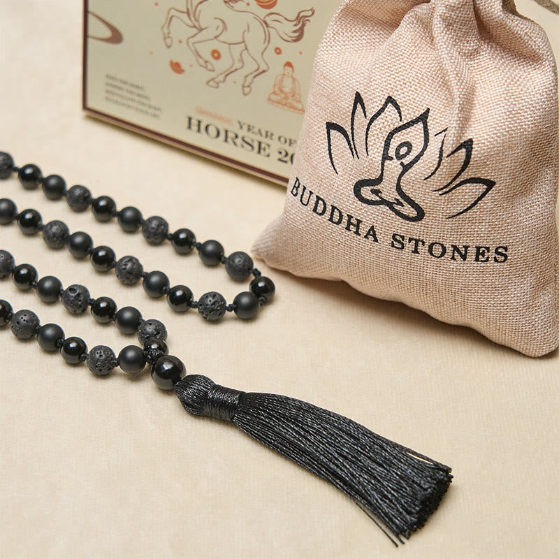 BWOOOH 8mm Beads Black Onyx Lava Rock Tassel Protection Fortune Mala