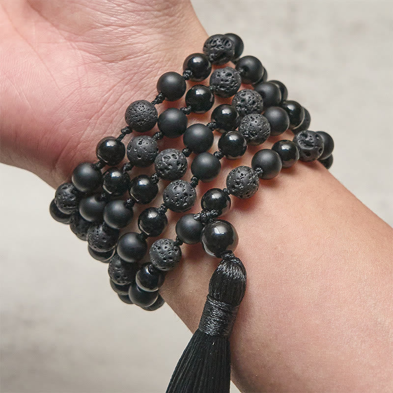 BWOOOH 8mm Beads Black Onyx Lava Rock Tassel Protection Fortune Mala