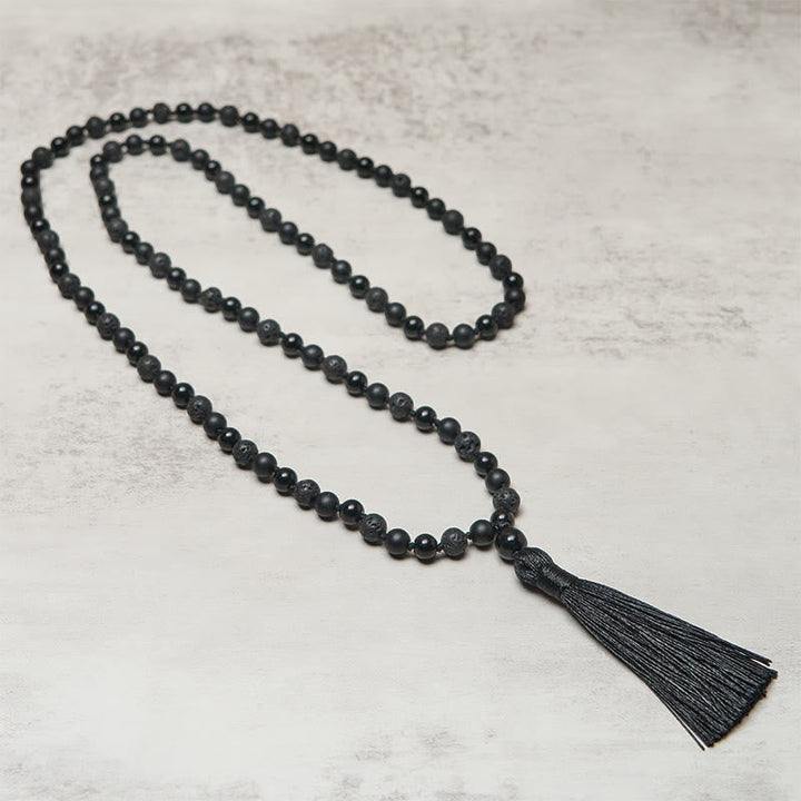 BWOOOH 8mm Beads Black Onyx Lava Rock Tassel Protection Fortune Mala