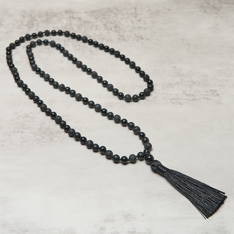 BWOOOH 8mm Beads Black Onyx Lava Rock Tassel Protection Fortune Mala