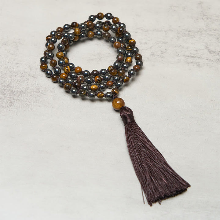 Buddha Stones 108 Beads Tiger Eye Hematite Tassel Courage Strength Mala