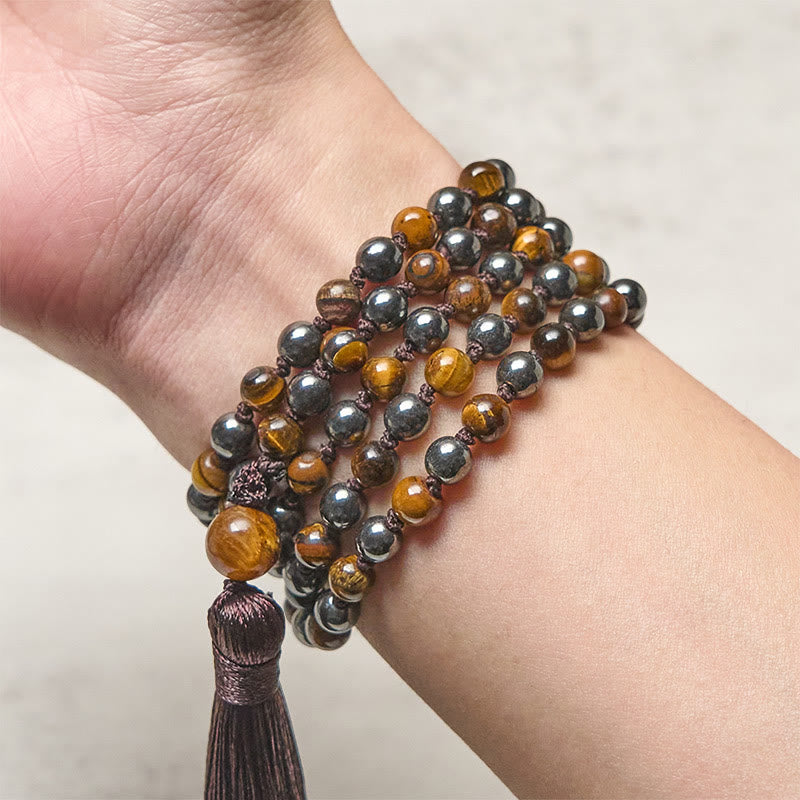 Buddha Stones 108 Beads Tiger Eye Hematite Tassel Courage Strength Mala