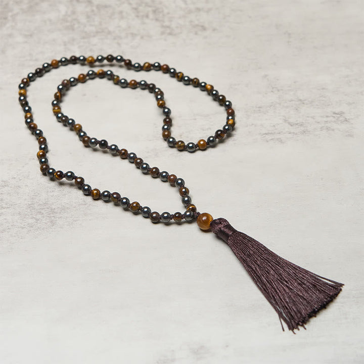 Buddha Stones 108 Beads Tiger Eye Hematite Tassel Courage Strength Mala