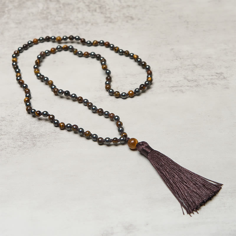 Buddha Stones 108 Beads Tiger Eye Hematite Tassel Courage Strength Mala