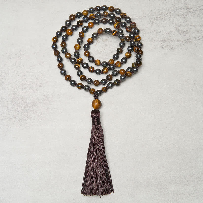 Buddha Stones 108 Beads Tiger Eye Hematite Tassel Courage Strength Mala
