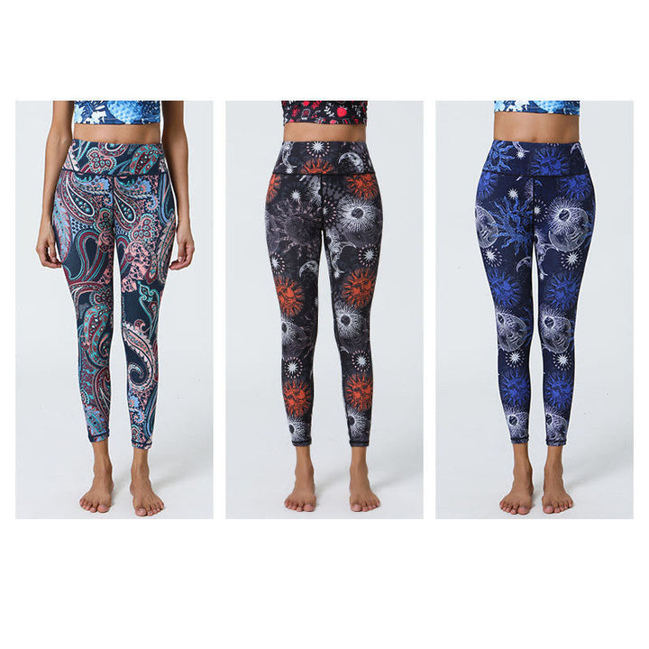 BWOOOH printed yoga leggings - Flowers Feathers Sun Moon Print Sports F