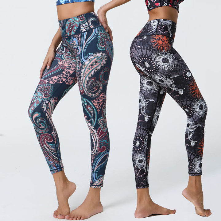 BWOOOH printed yoga leggings - Flowers Feathers Sun Moon Print Sports F