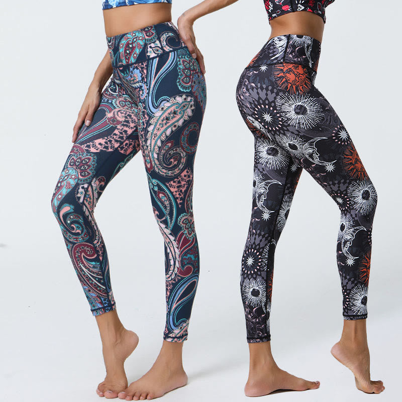 BWOOOH printed yoga leggings - Flowers Feathers Sun Moon Print Sports F
