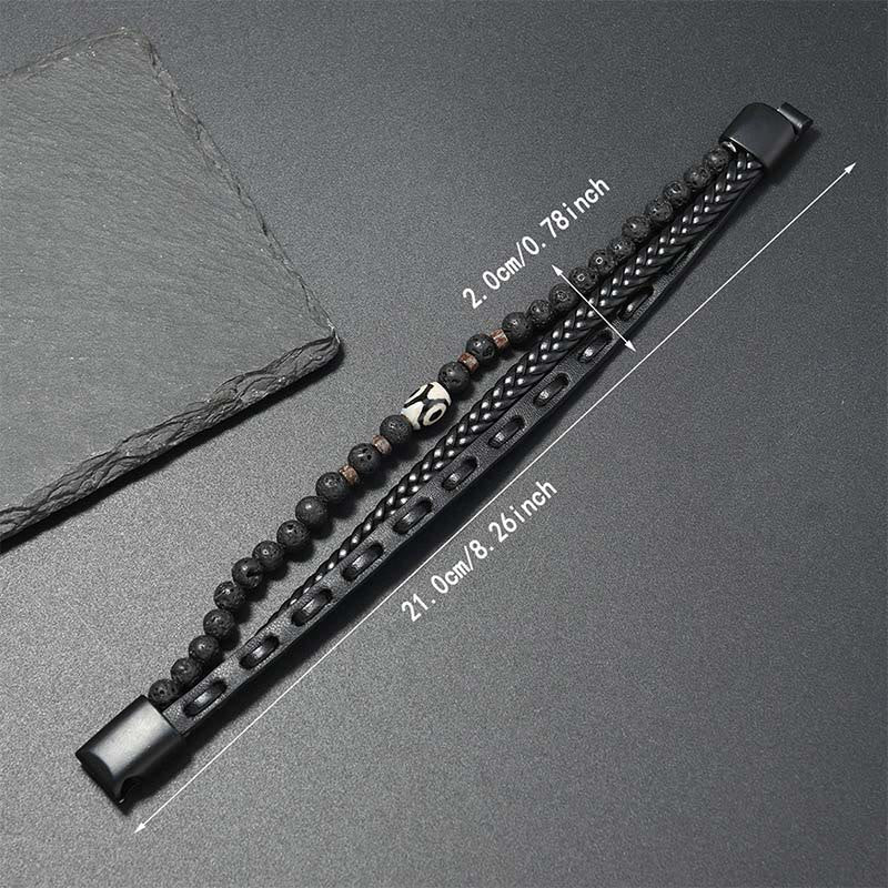 Buddha Stones Dzi Bead Lava Rock Multilayered Braided Leather Wealth Bracelet