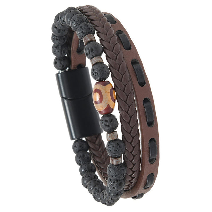 Buddha Stones Dzi Bead Lava Rock Multilayered Braided Leather Wealth Bracelet