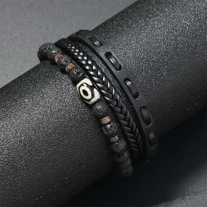 Buddha Stones Dzi Bead Lava Rock Multilayered Braided Leather Wealth Bracelet