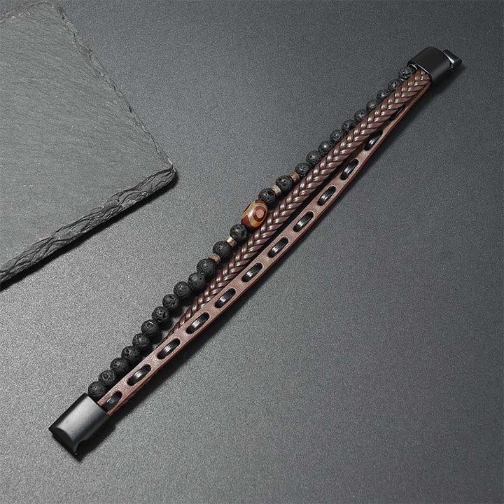 Buddha Stones Dzi Bead Lava Rock Multilayered Braided Leather Wealth Bracelet