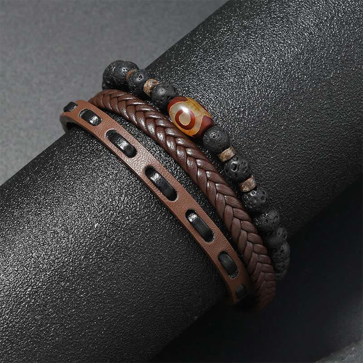 Buddha Stones Dzi Bead Lava Rock Multilayered Braided Leather Wealth Bracelet