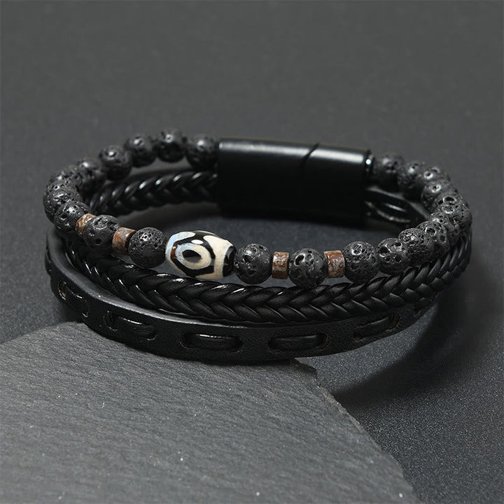 Buddha Stones Dzi Bead Lava Rock Multilayered Braided Leather Wealth Bracelet
