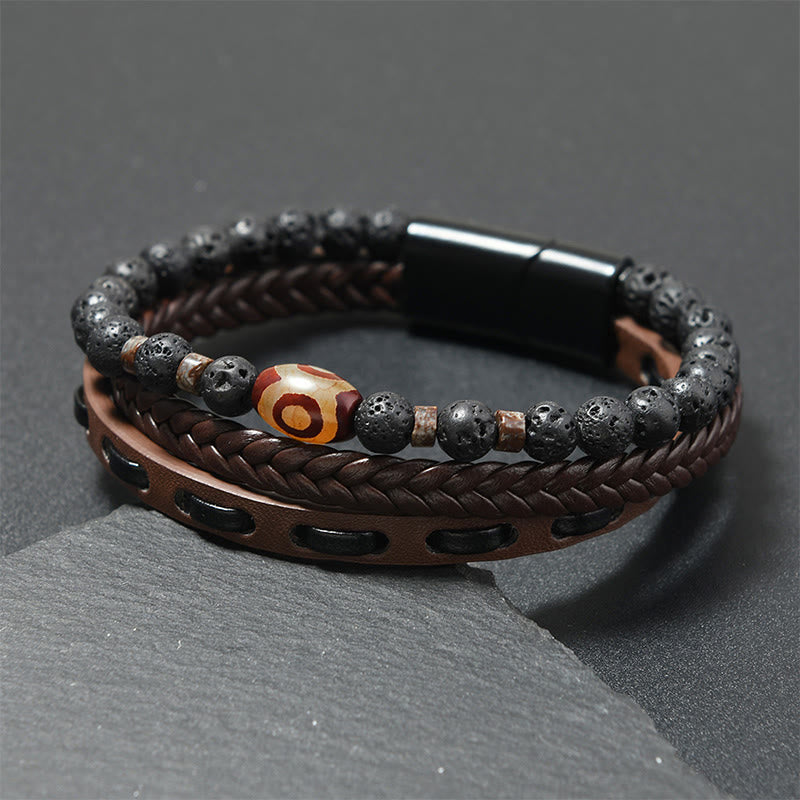 Buddha Stones Dzi Bead Lava Rock Multilayered Braided Leather Wealth Bracelet