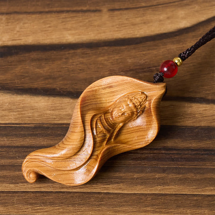 Buddha Stones Guanyin Kwan Yin Avalokiteśvara Lotus Leaf Platycladus Orientalis Wood Wealth Necklace Pendant
