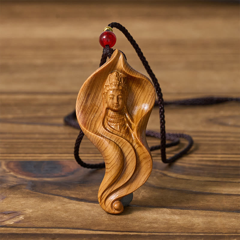 Buddha Stones Guanyin Kwan Yin Avalokiteśvara Lotus Leaf Platycladus Orientalis Wood Wealth Necklace Pendant