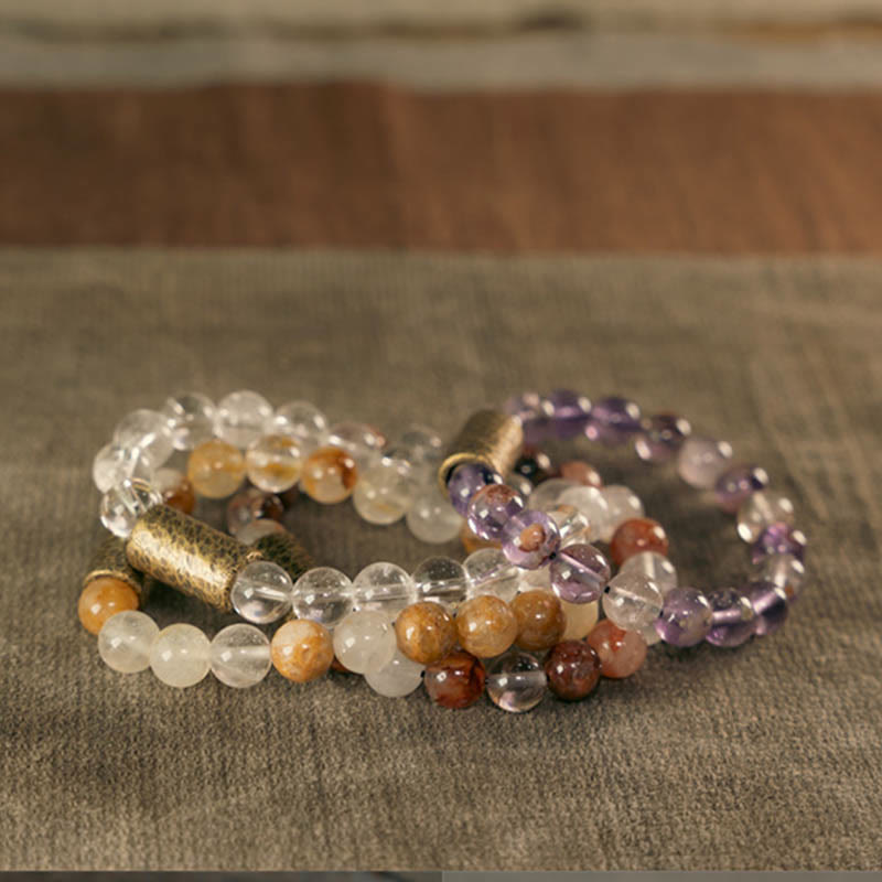 BWOOOH White Crystal Red Hematoid Quartz Gold Rutilated Quartz Purple Phantom Protection Bracelet