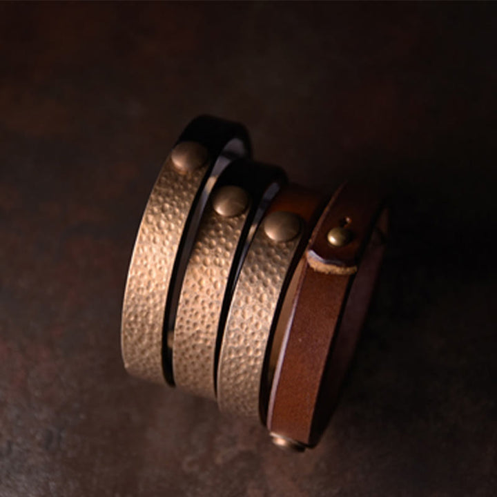 BWOOOH Vintage Handmade Texture Copper Brass Leather Wealth Bracelet Bangle