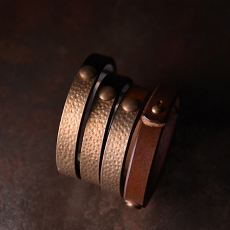 BWOOOH Vintage Handmade Texture Copper Brass Leather Wealth Bracelet Bangle