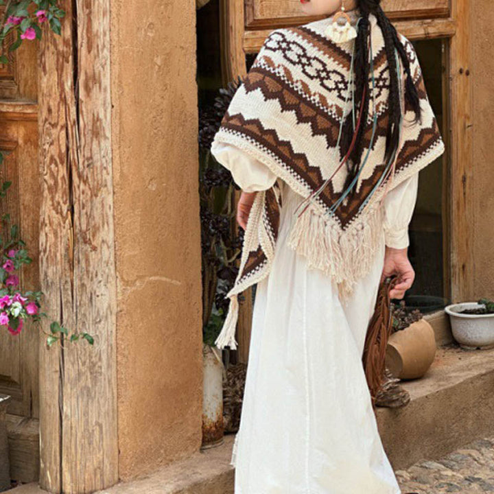 BWOOOH Tibetan Striped Brown Beige Tassel Shawl Winter Co
