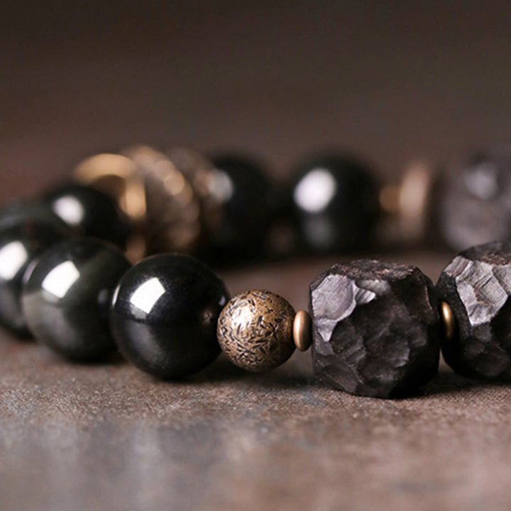 BWOOOH Black Obsidian Ebony Wood Copper Strength Couple Bracelet