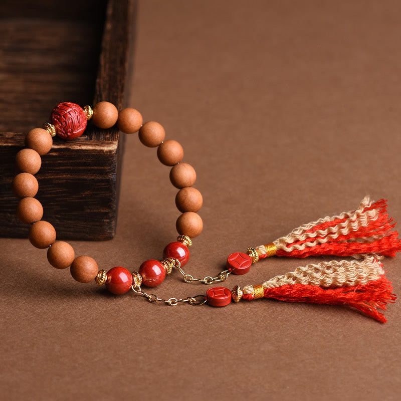 BWOOOH Tibetan Natural Peach Wood Cinnabar PiXiu Wealth Tassels Bracelet