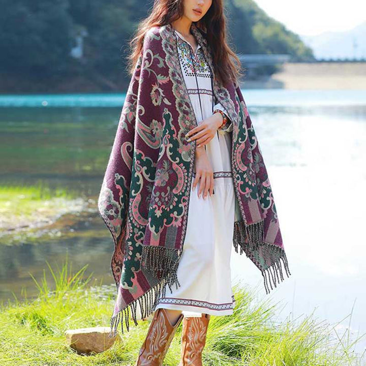 BWOOOH Tibetan Flowers Leaves Branch Design Tassel Shawl 