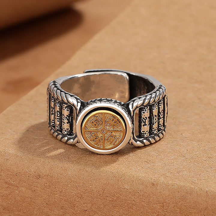 BWOOOH Tibetan Om Mani Padme Hum Carved Design Copper Coin Purity Rotatable Ring