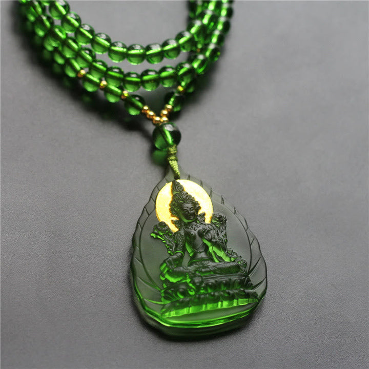 BWOOOH Tibetan Green Tara Buddha Gold Plated Liuli Crystal Protection Necklace Pendant