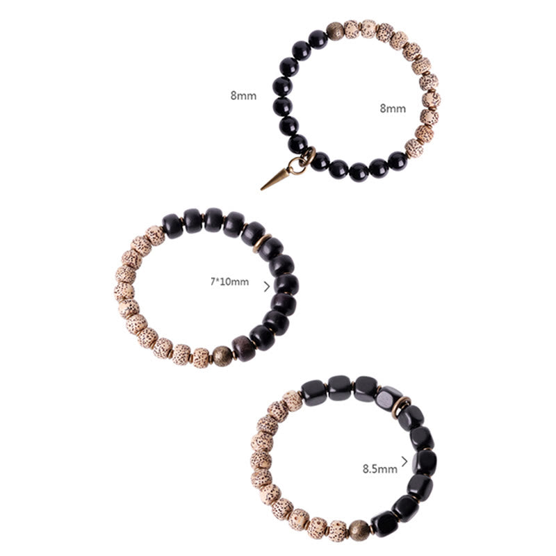 BWOOOH Tibetan Bodhi Seed Black Obsidian Ebony Wood Copper Peace Bracelet