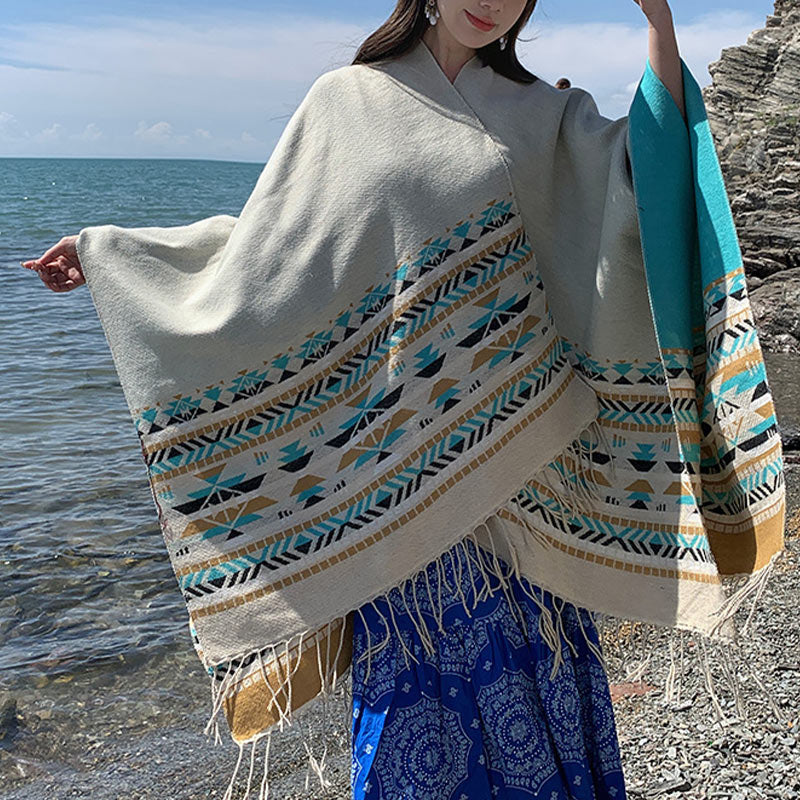BWOOOH Tibetan Shawl Colorful Geometry Winter Cozy Travel