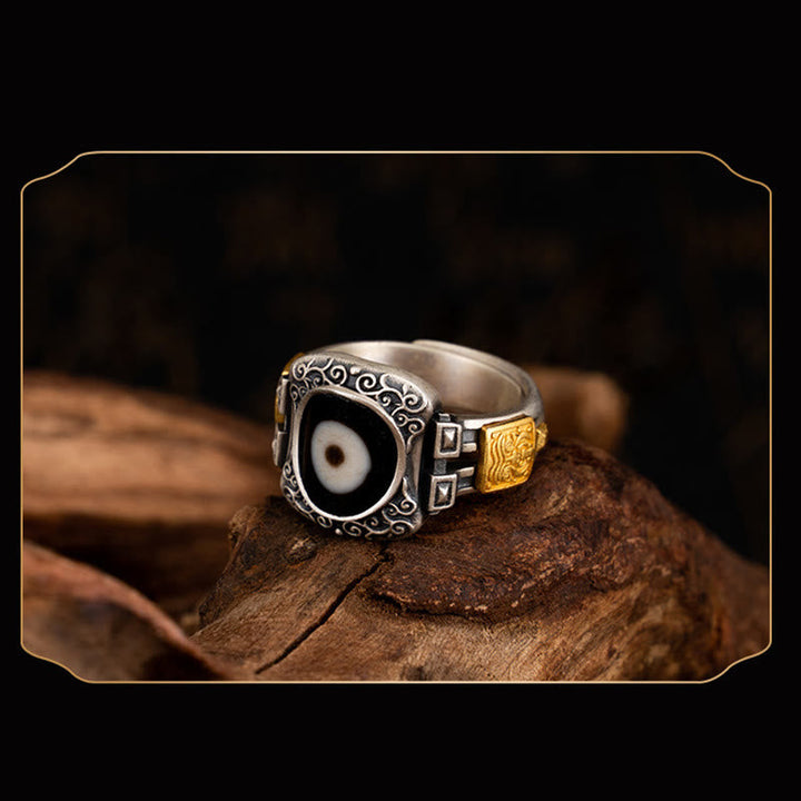 BWOOOH 925 Sterling Silver Zakiram Goddess of Wealth Design Dzi Bead Protection Ring