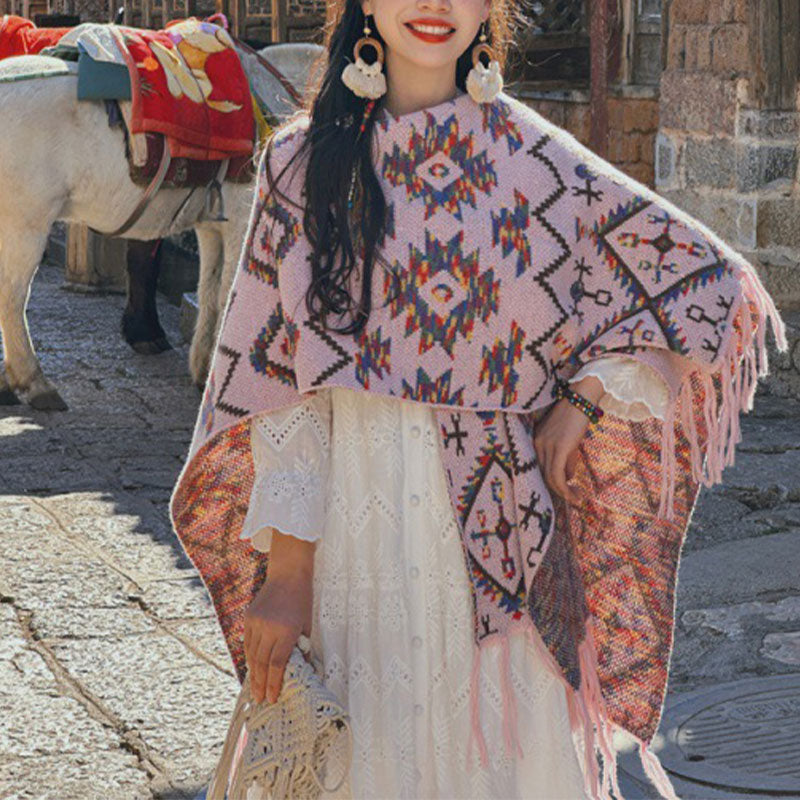 BWOOOH Tibetan Shawl Striped Geometry Pattern Winter Cozy