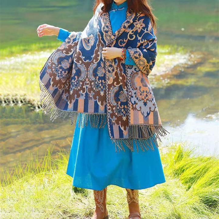 BWOOOH Tibetan Flowers Leaves Branch Design Tassel Shawl 