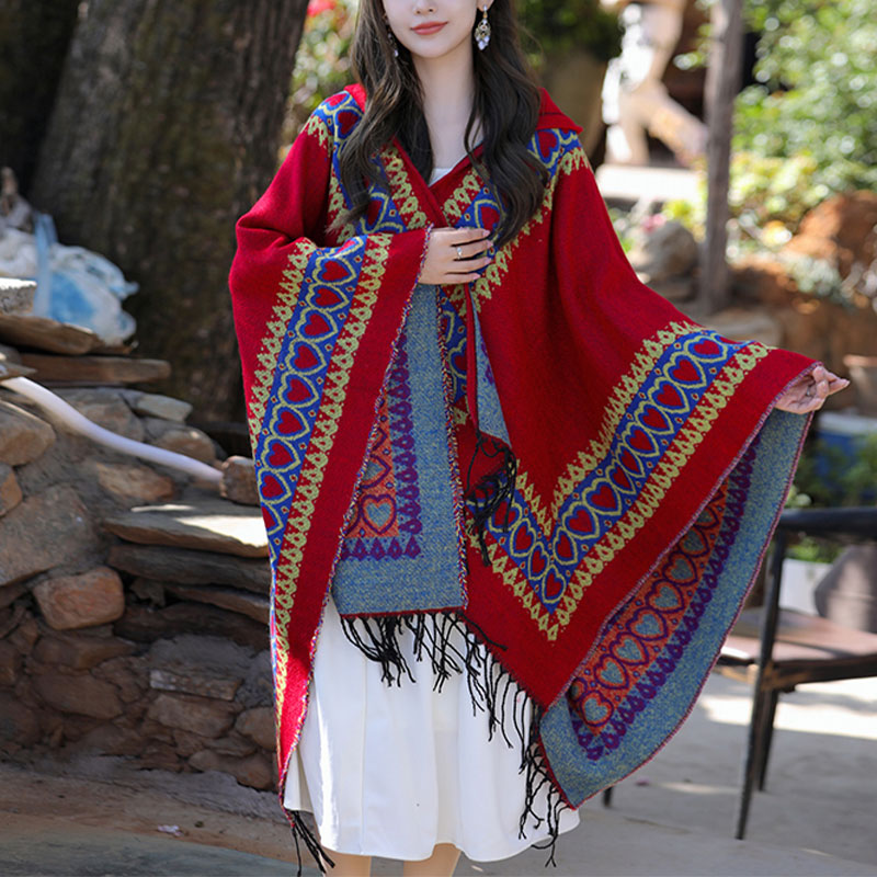 BWOOOH Tibetan Shawl Red Love Heart Tassel Hooded Cloak W