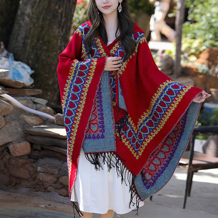 BWOOOH Tibetan Shawl Red Love Heart Tassel Hooded Cloak W