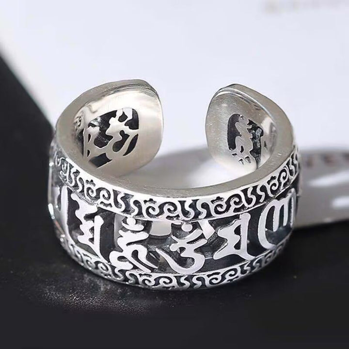 BWOOOH Vintage Tibet Om Mani Padme Hum Carved Hollow Design Purity Ring
