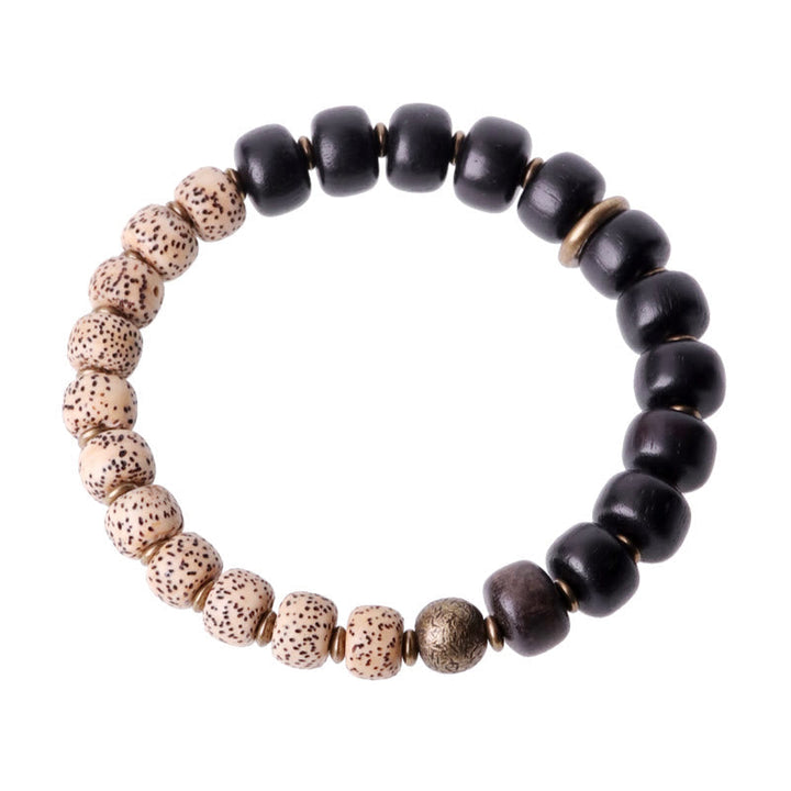 BWOOOH Tibetan Bodhi Seed Black Obsidian Ebony Wood Copper Peace Bracelet