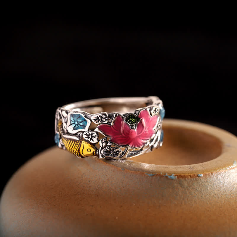 BWOOOH 925 Sterling Silver Lotus Koi Fish Enlightenment Ring