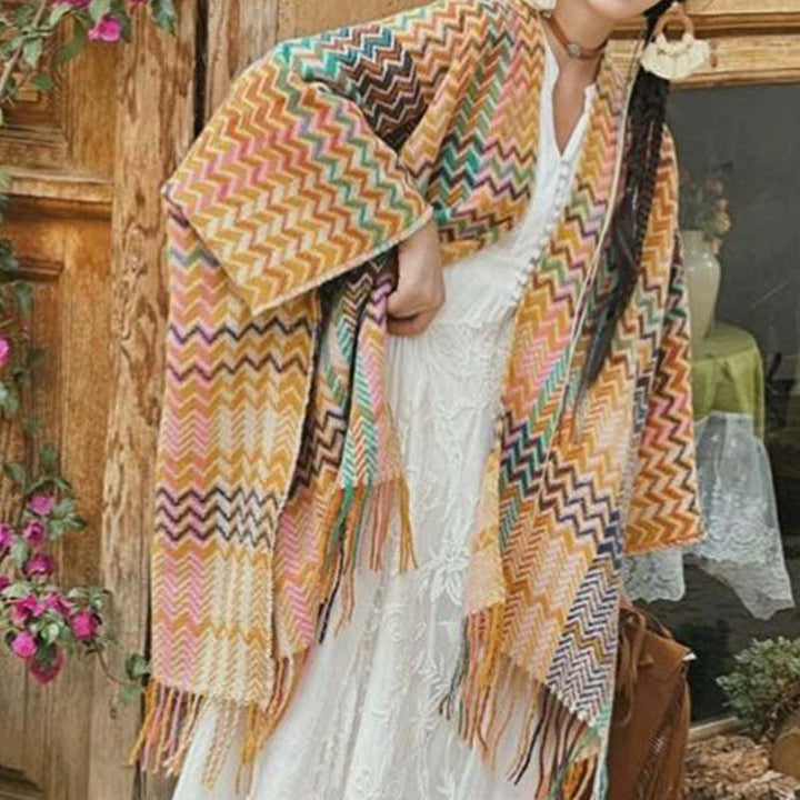 BWOOOH Tibetan Shawl Colorful Wavy Striped Shapes Tassels