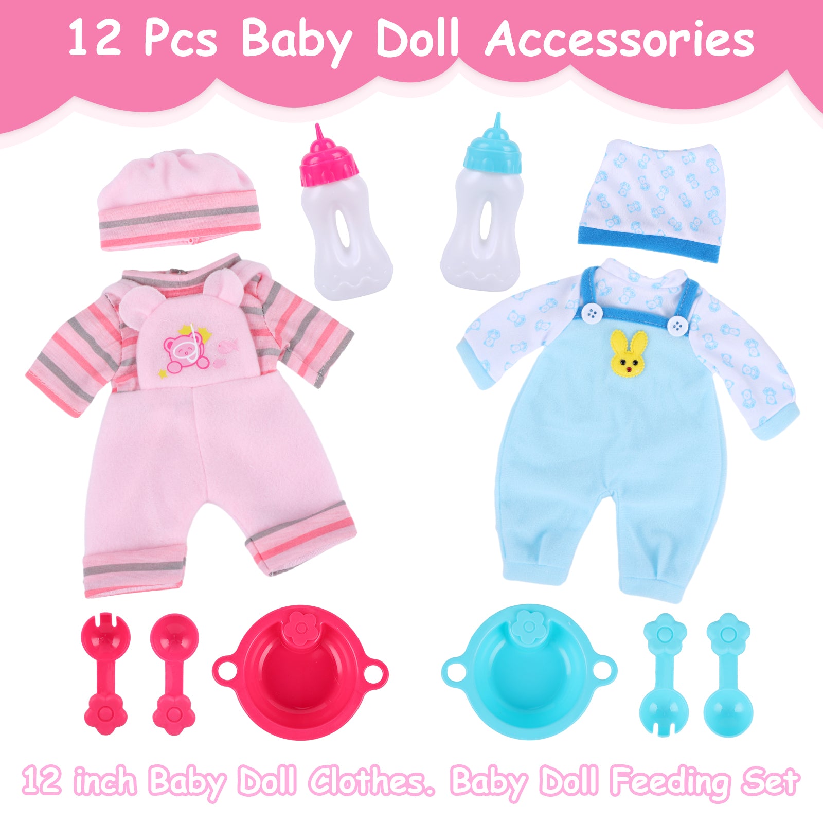 12 Inches Pink+Blue Clothing & Reborn Accessories 8 Pcs Set, Suitable for Twin Baby Dolls