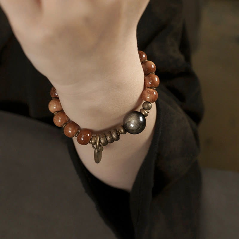 BWOOOH Kuka Seed Tiger Eye Gold Sheen Obsidian Brass Copper Wealth Luck Bracelet
