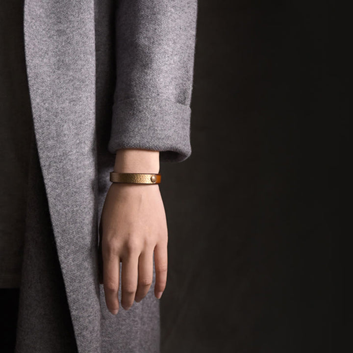 BWOOOH Vintage Handmade Texture Copper Brass Leather Wealth Bracelet Bangle