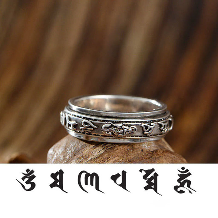 BWOOOH Tibetan Om Mani Padme Hum PiXiu Engraved Wealth Luck Rotatable Ring