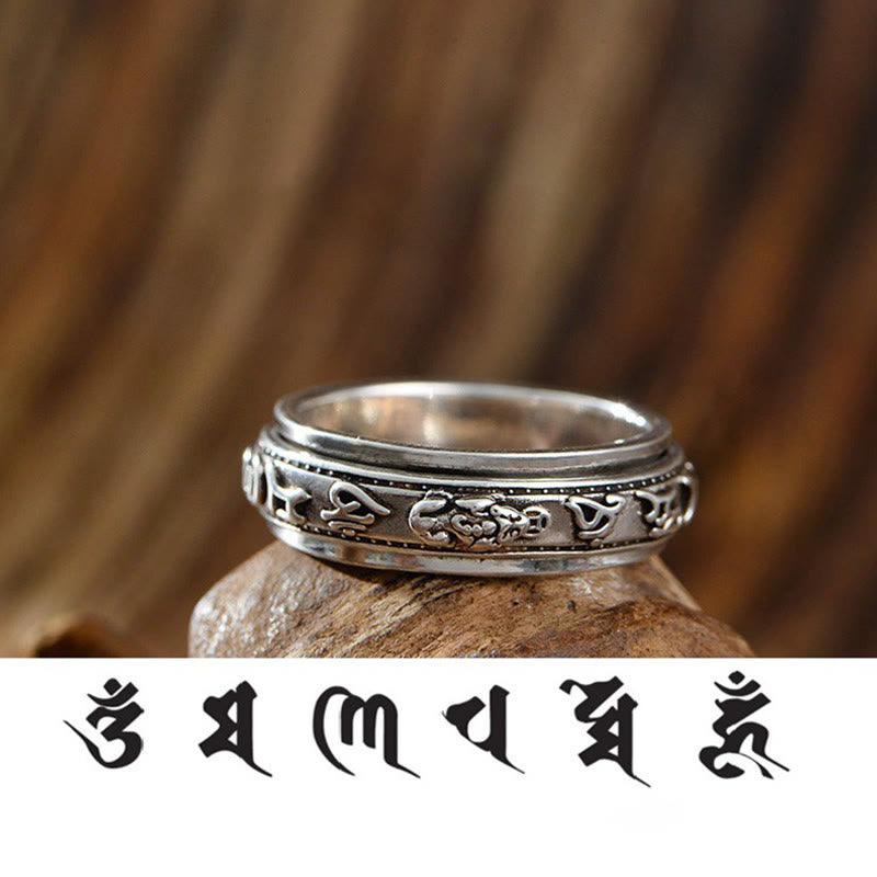 BWOOOH Tibetan Om Mani Padme Hum PiXiu Engraved Wealth Luck Rotatable Ring