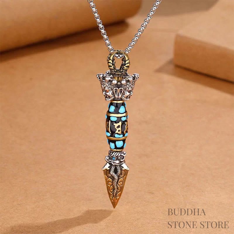 BWOOOH Tibet Om Mani Padme Hum Dzi Bead Dorje Vajra Pattern Wealth Rotatable Necklace Pendant