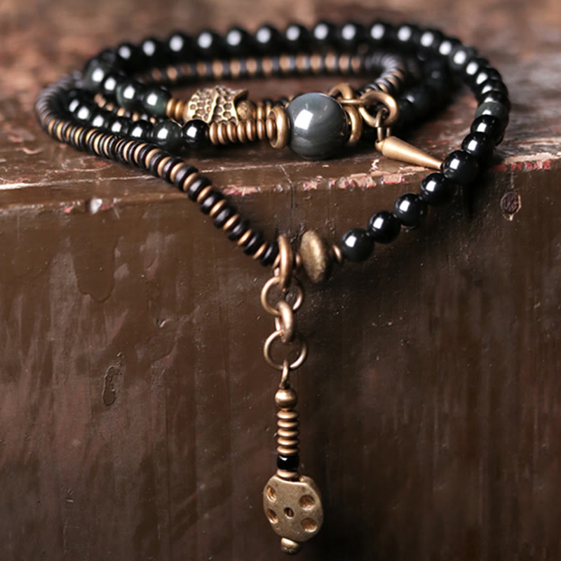 BWOOOH Rainbow Obsidian Ebony Wood Copper Positive Multilayer Bracelet | spiritual healing bracelet